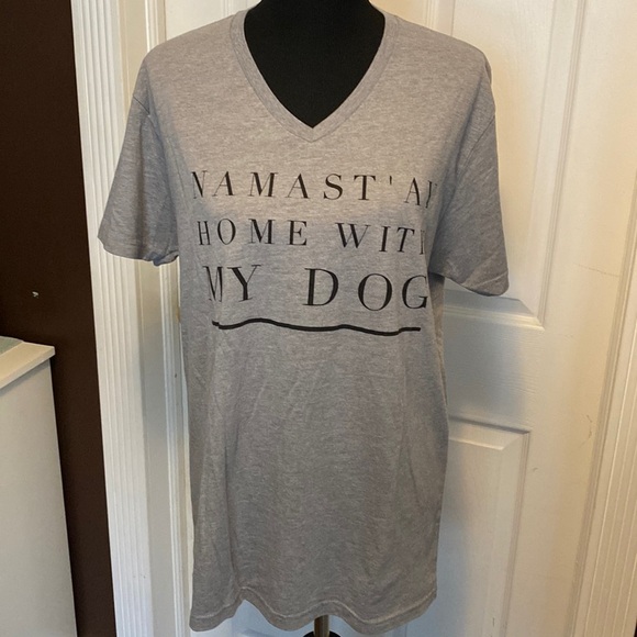 Next Level Womens T-Shirt “Namast’ay Home With MY DOG” sz L Heather Medium Gray - Picture 1 of 2